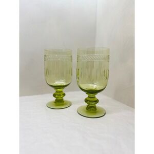 Vintage Green Glass Water Goblets Diamond Band Pedestal Footed Glasses Set of 2